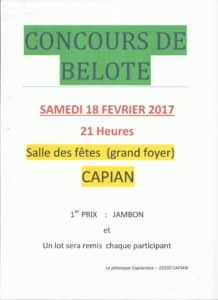 affiche Tournoi de belote le 18 février 2017 à CAPIAN (Gironde)