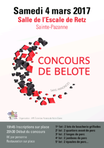 Affiche du Tournoi de belote le 4 mars 2017 à Sainte-Pazanne