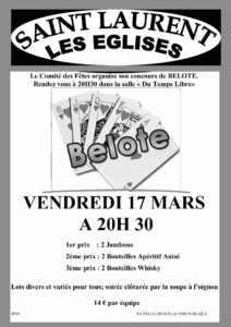 affiche Concours de belote 17 mars 2017 à Saint Laurent Les Eglises