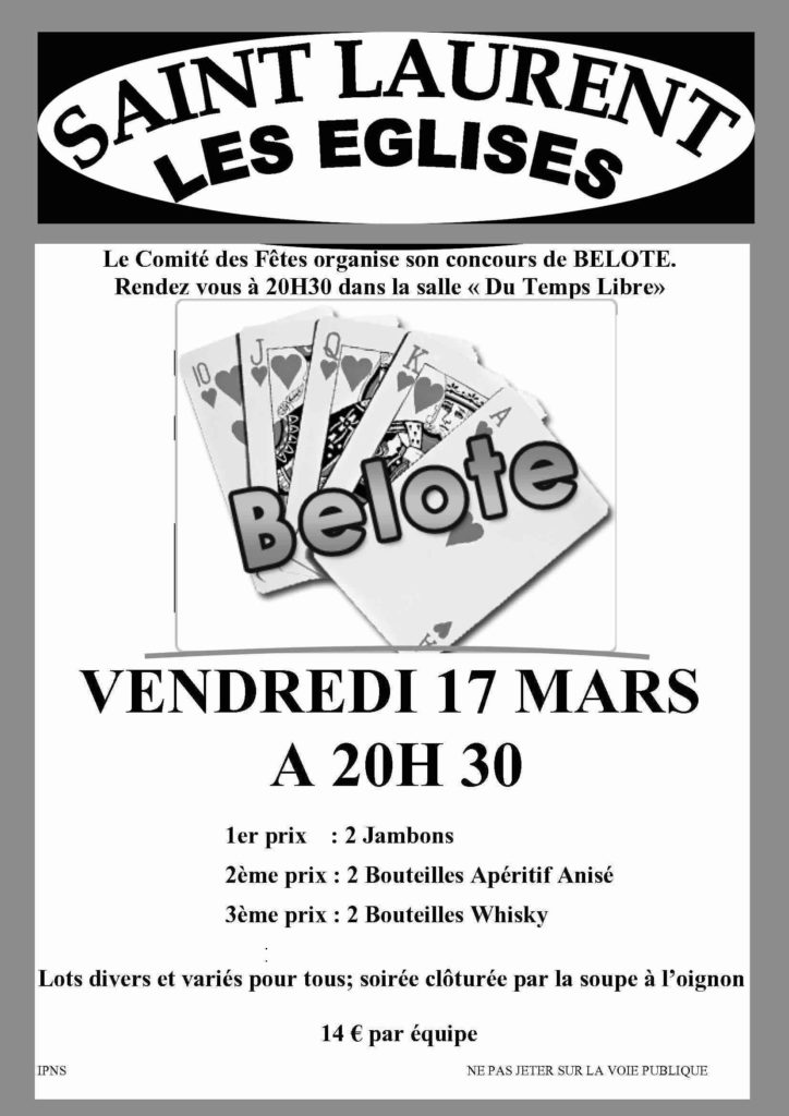 affiche Concours de belote 17 mars 2017 à Saint Laurent Les Eglises