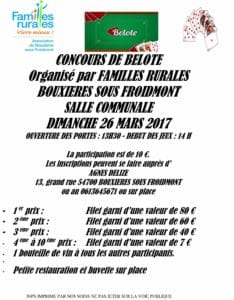 Affiche concours de belote dimanche 26 mars 2017 à Bouxieres sous Froidmont 54700