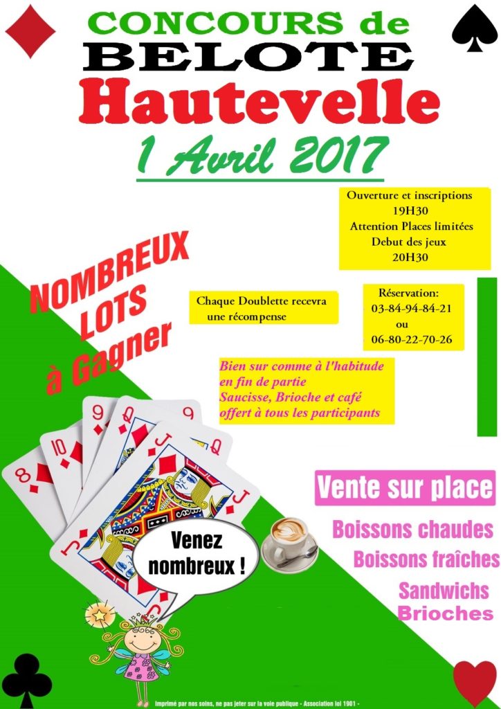 Affiche Convours de belote le 1er avril 2017 à Hautevelle - 70
