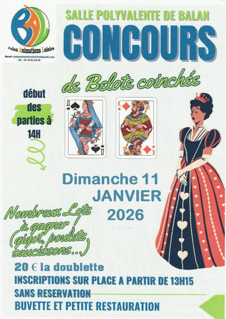 Affiche du concours de belote coinchée organisé dimanche 11/01/2026 à Balan (01360), dans l'Ain